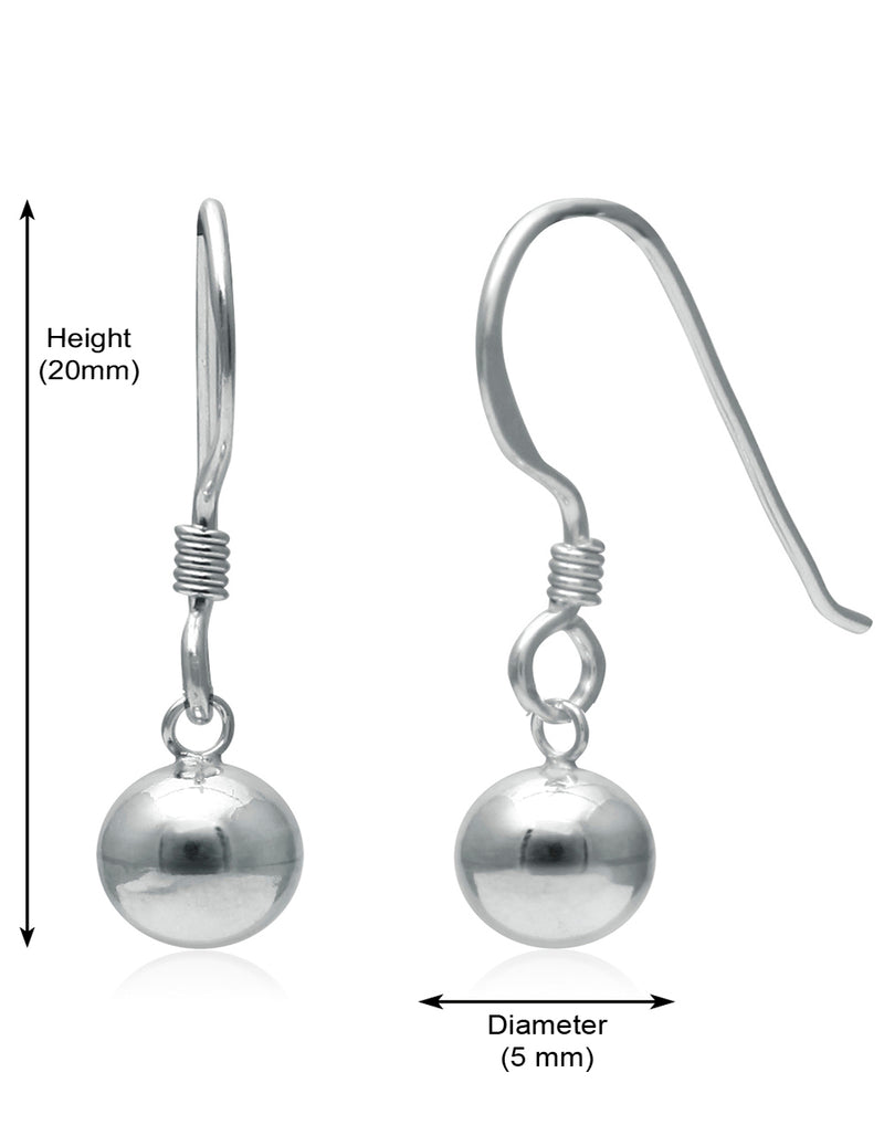 Designer 5 mm Round Ball Earrings in Pure 92.5 Sterling Silver Ear Wire