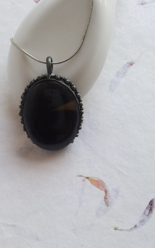 92.5 Silver Pendant with Black Onyx Stone and 18 inch Chain - Default Title - Abhooshan