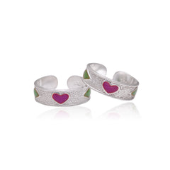 Cute pair Heart Engraved Enamel Toe Rings Bichiya in 925 Sterling Silver