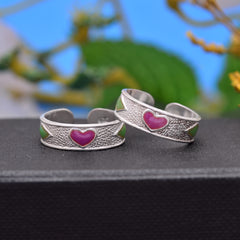 Cute pair Heart Engraved Enamel Toe Rings Bichiya in 925 Sterling Silver