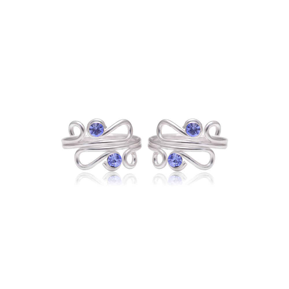 Pair of designer Adjustable Toe rings in Blue Cubic Zirconia in 925 Silver