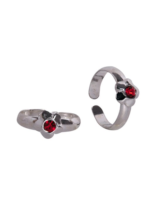 Floral pair of Red Cubic Zirconia Adjustable 925 Silver Toe Rings