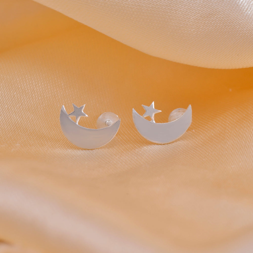 Chaand Taara 92.5 Sterling Silver Pair of Star n Moon Stud Earrings - Studs