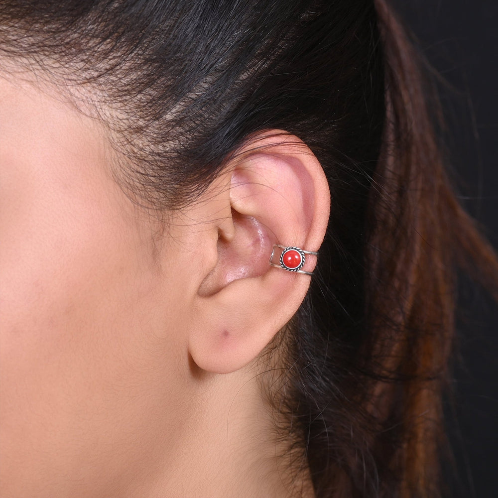 Clip On Red Stone Ear Cuffs Earrings in 92.5 Silver - Studs