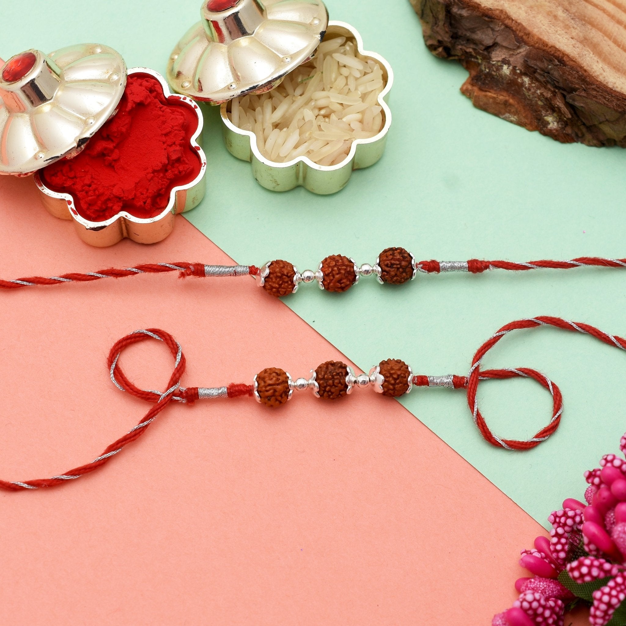Combo 92.5 Sterling Silver Rudraksh Rakhi Red Thread Bhaiya Bhabhi - Bangles And Bracelets