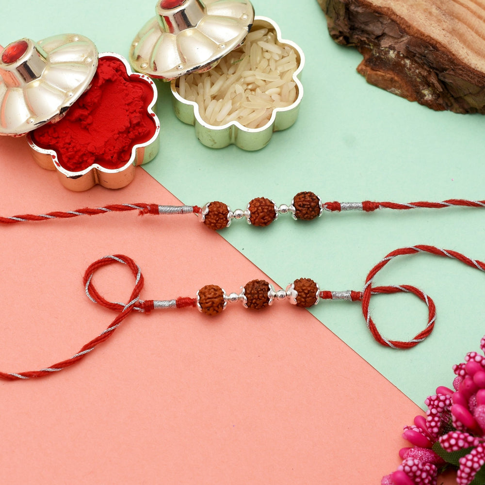 Combo 92.5 Sterling Silver Rudraksh Rakhi Red Thread Bhaiya Bhabhi - Bangles And Bracelets