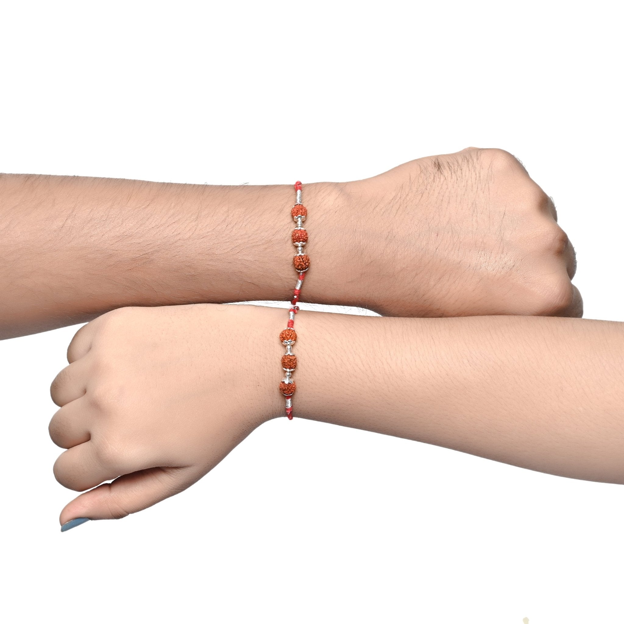 Combo 92.5 Sterling Silver Rudraksh Rakhi Red Thread Bhaiya Bhabhi - Bangles And Bracelets
