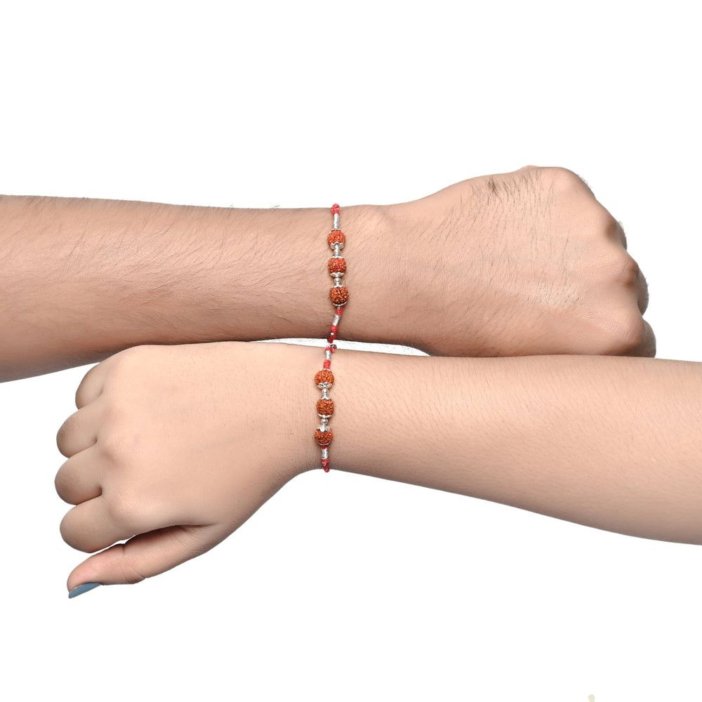 Combo 92.5 Sterling Silver Rudraksh Rakhi Red Thread Bhaiya Bhabhi - Bangles And Bracelets