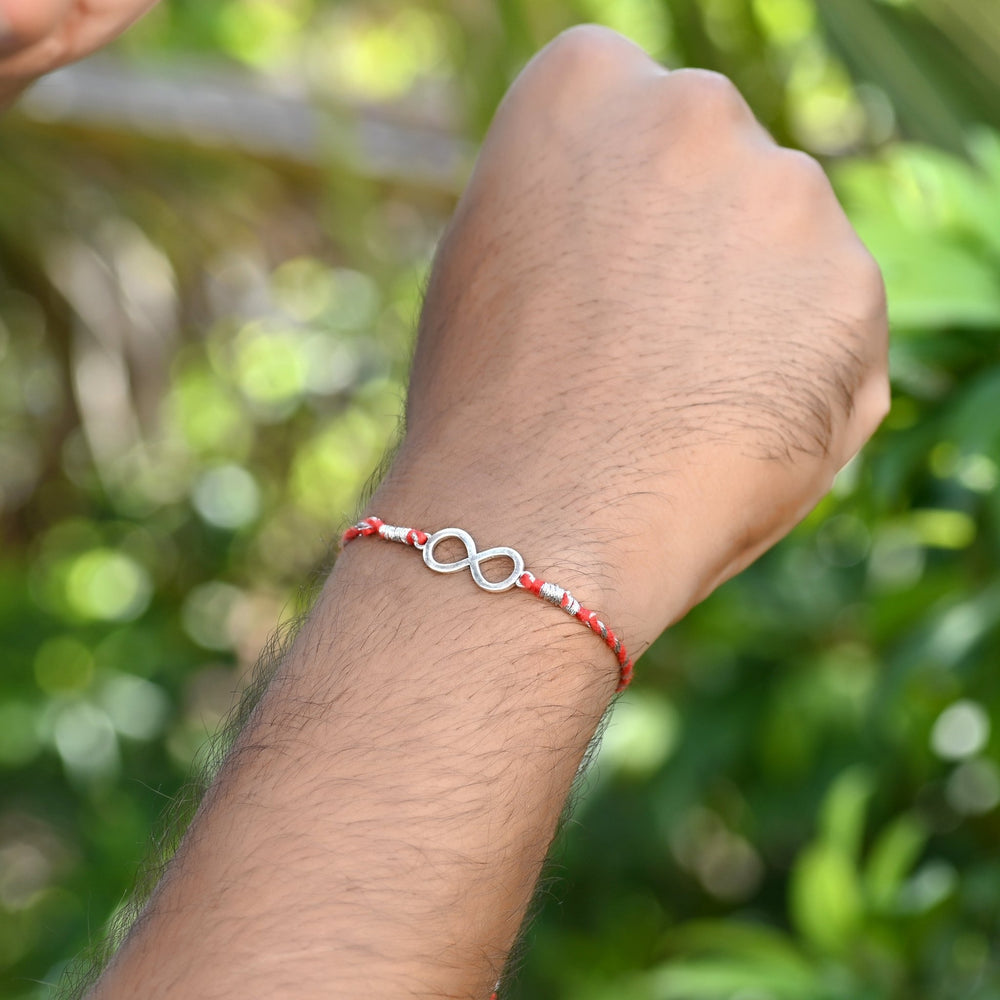 Combo of 92.5 Sterling Silver Infinity Rakhi in Red Thread for Bhaiya Bhabhi Couple Rakhi - Bangles And Bracelets