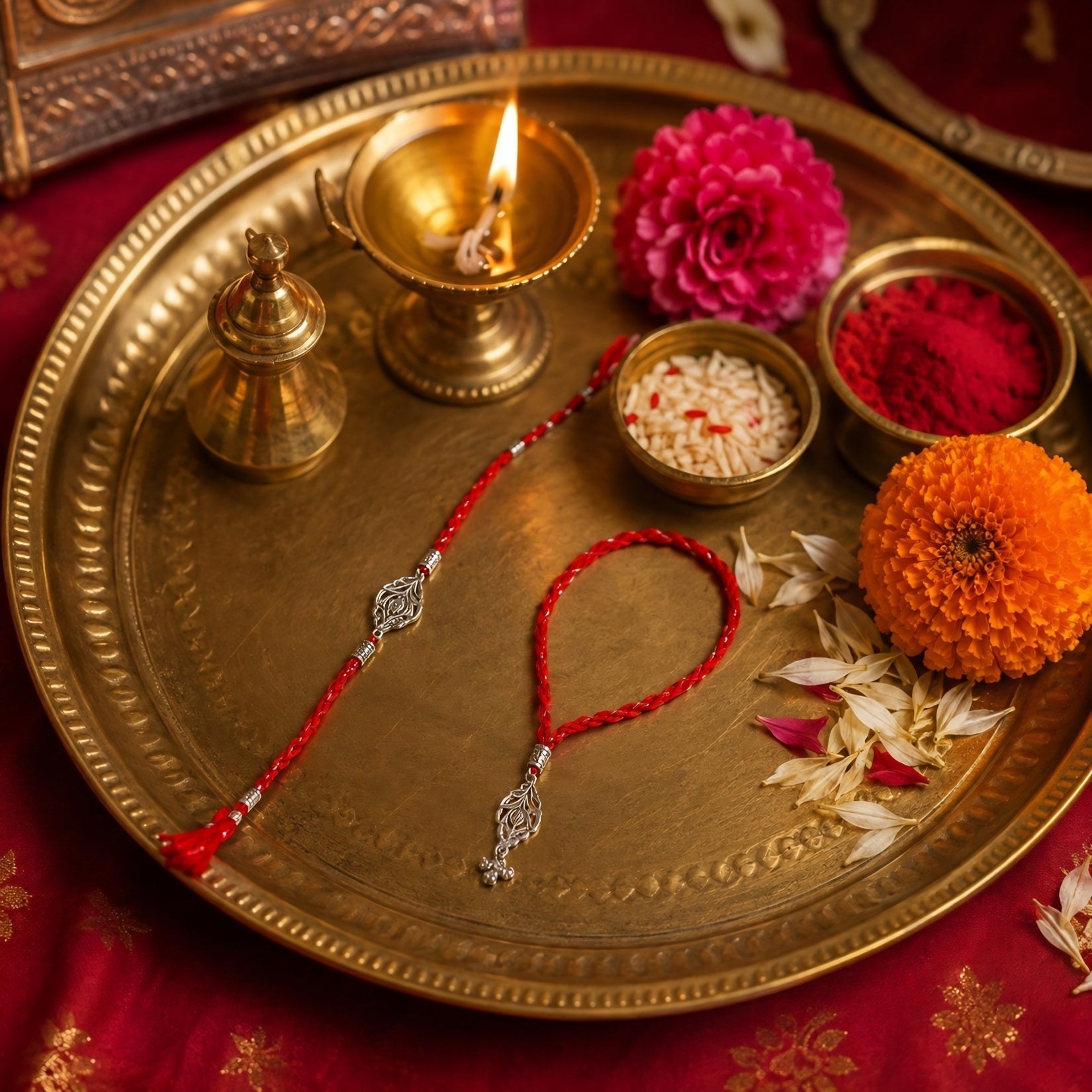 Combo of 92.5 Sterling Silver Morpankh Rakhi in Red Thread for Bhaiya Bhabhi Couple Rakhi - Bangles And Bracelets