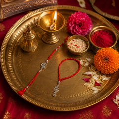 Combo of 92.5 Sterling Silver Morpankh Rakhi in Red Thread for Bhaiya Bhabhi Couple Rakhi - Bangles And Bracelets