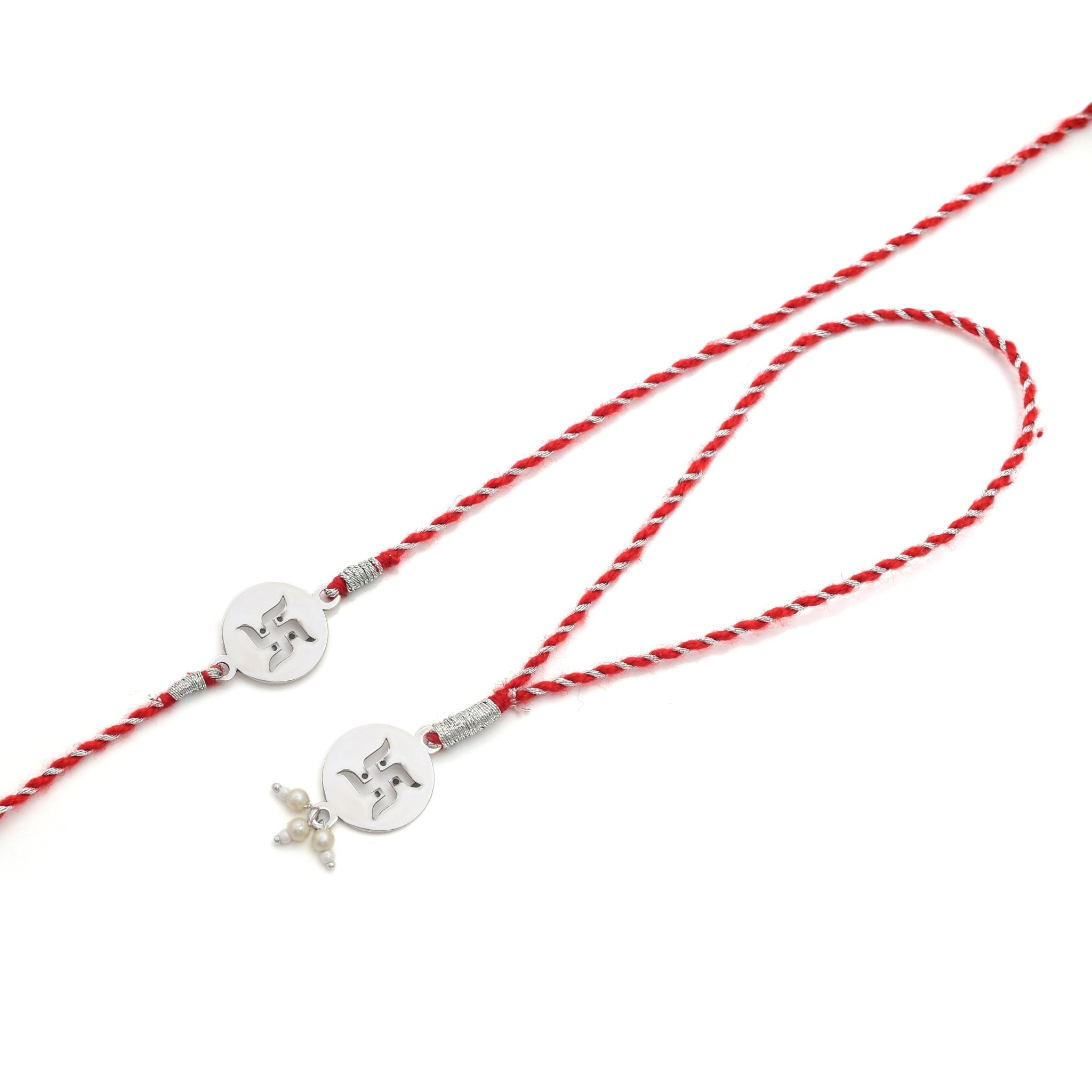 Combo of 92.5 Sterling Silver Swastik Rakhi in Red Thread for Bhaiya Bhabhi - Bangles And Bracelets