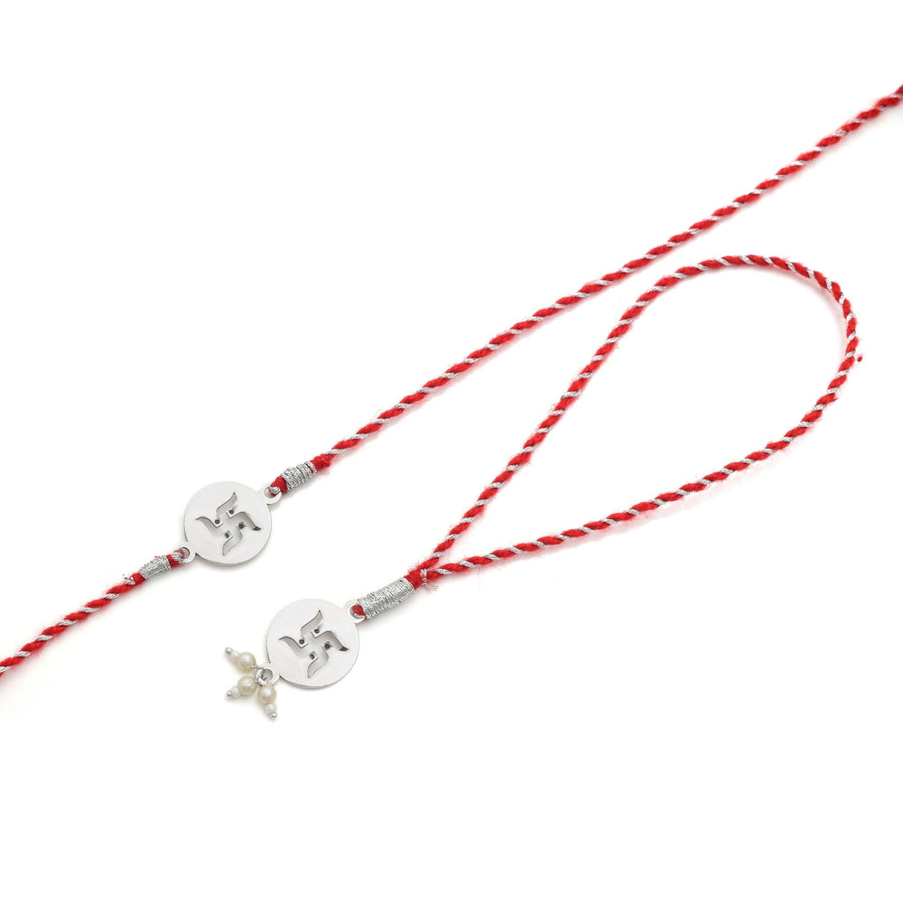 Combo of 92.5 Sterling Silver Swastik Rakhi in Red Thread for Bhaiya Bhabhi - Bangles And Bracelets