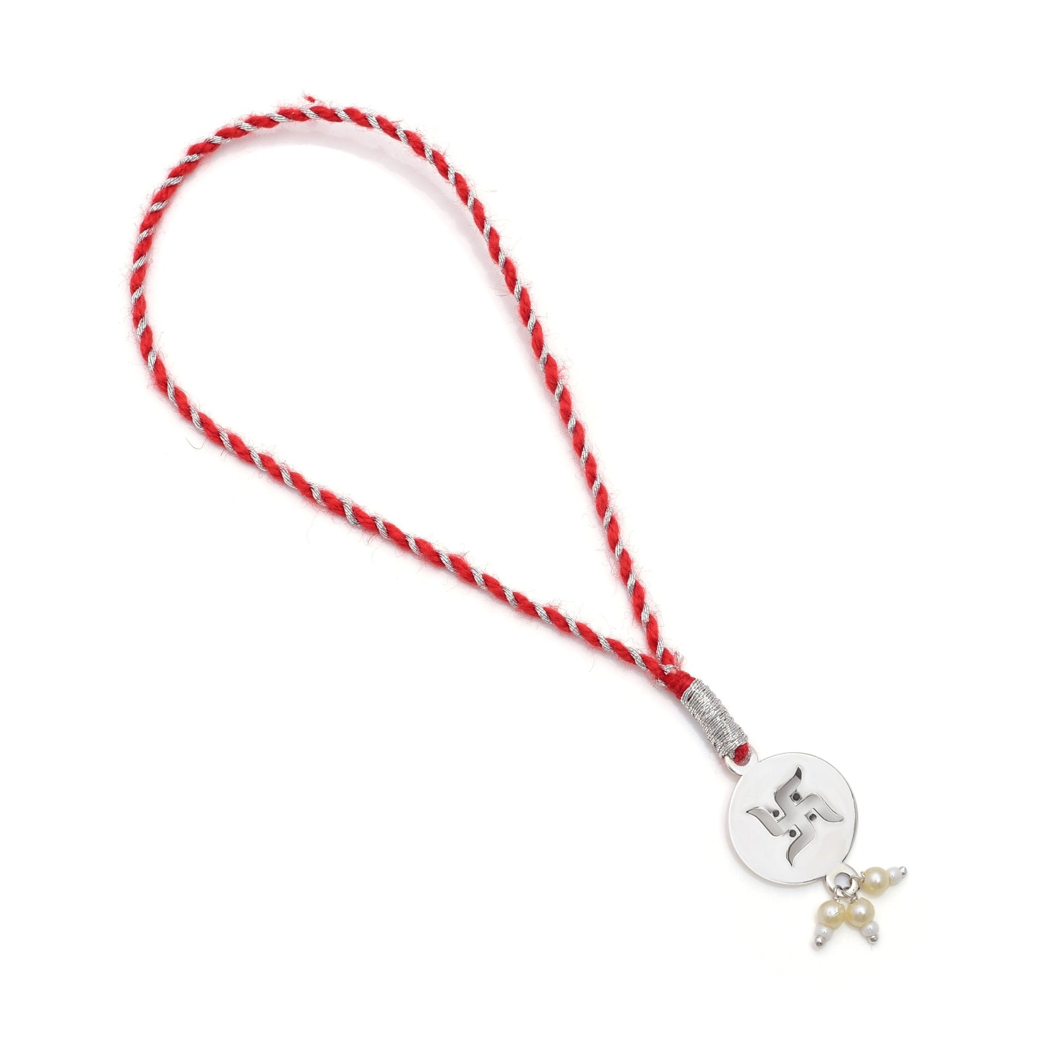 Combo of 92.5 Sterling Silver Swastik Rakhi in Red Thread for Bhaiya Bhabhi - Bangles And Bracelets