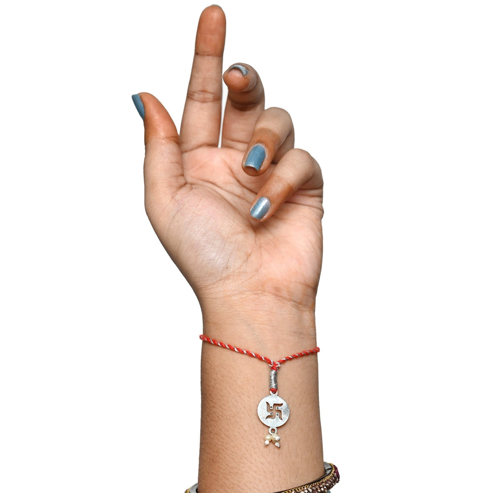 Combo of 92.5 Sterling Silver Swastik Rakhi in Red Thread for Bhaiya Bhabhi - Bangles And Bracelets