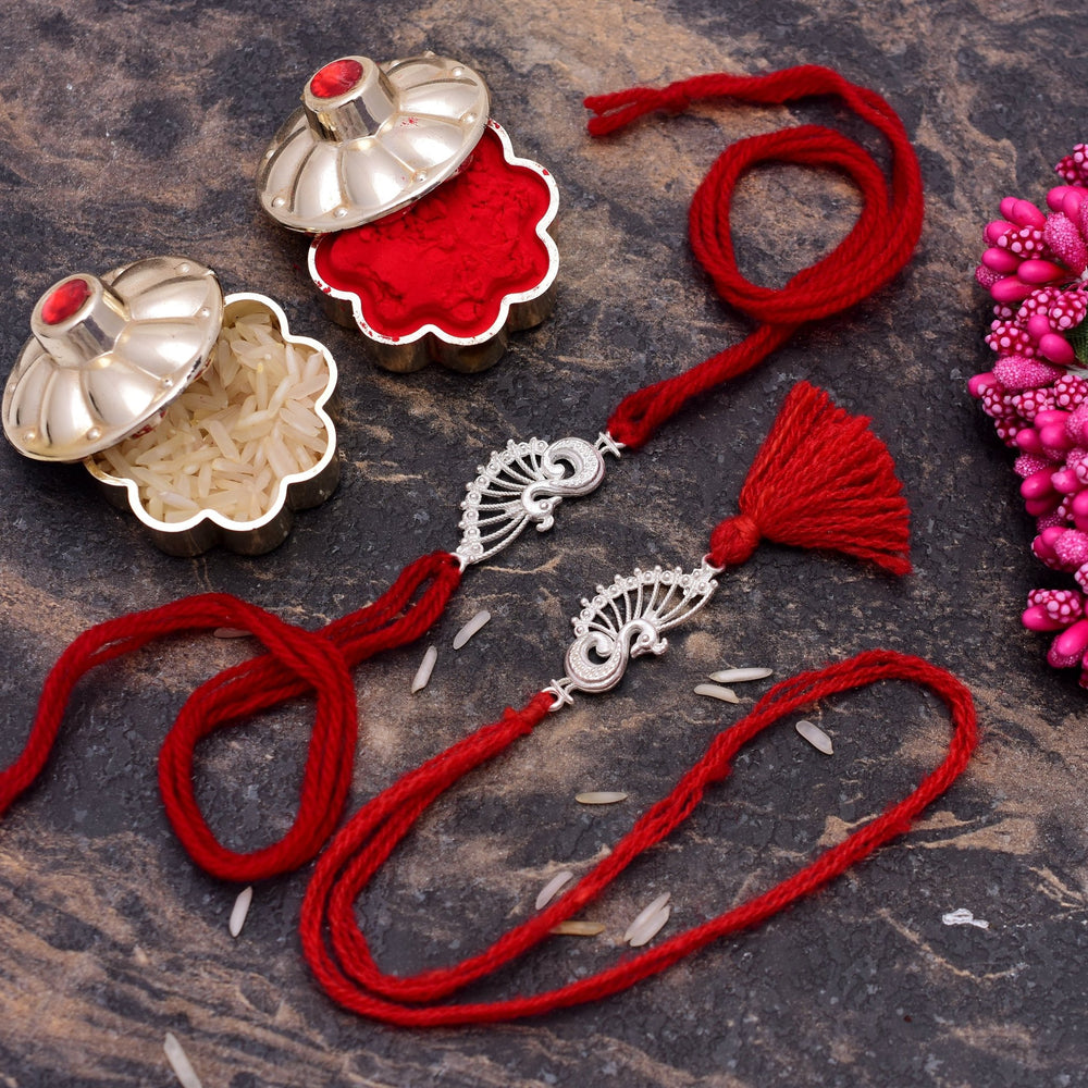 Combo of Silver Alloy Peacock Thread Rakhi for Bhaiya Bhabhi Couple Rakhi - Bangles And Bracelets
