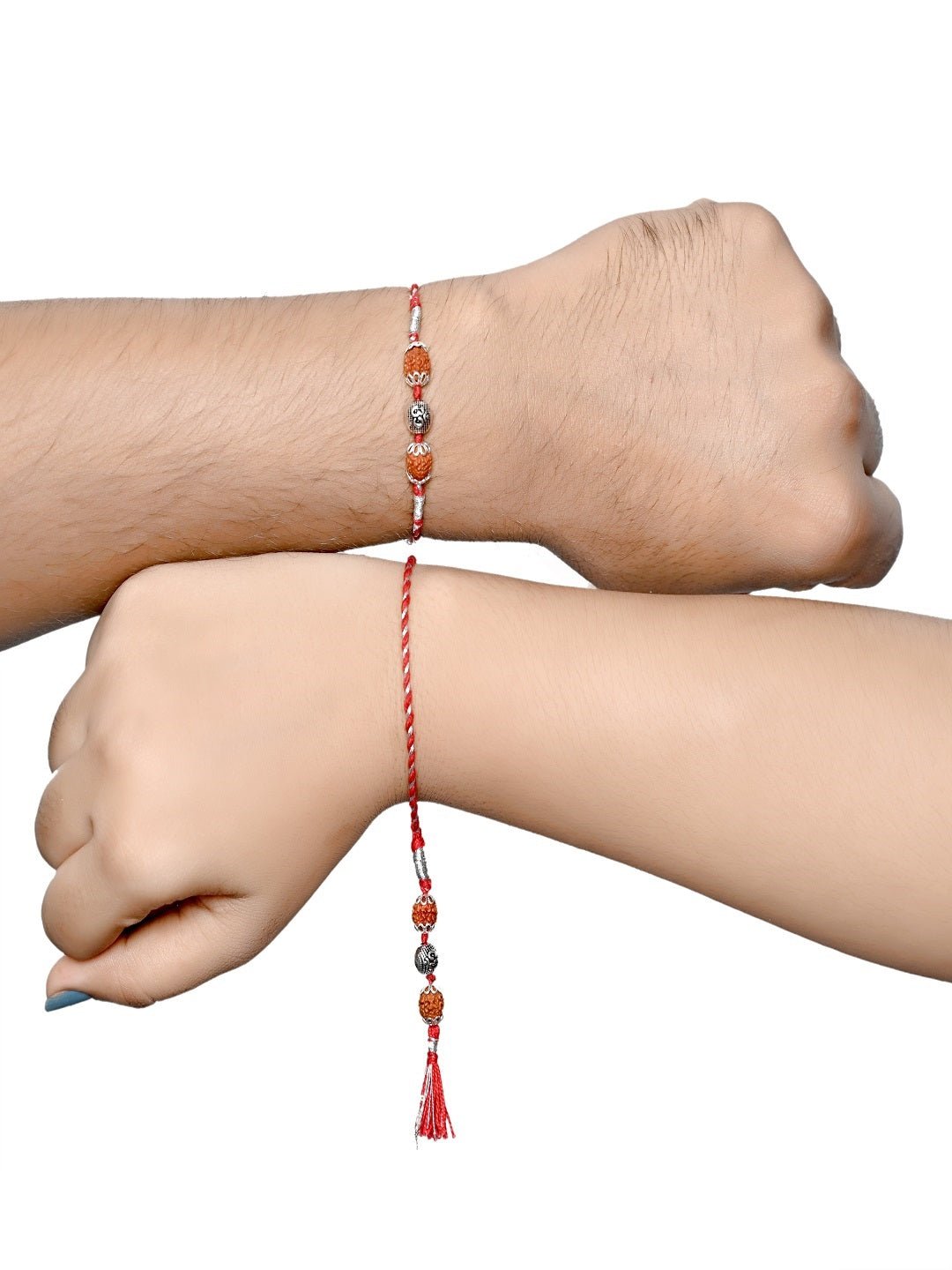 Combo of Silver Alloy Rudraksh Om Thread Rakhi for Bhaiya Bhabhi Couple Rakhi - Bangles And Bracelets