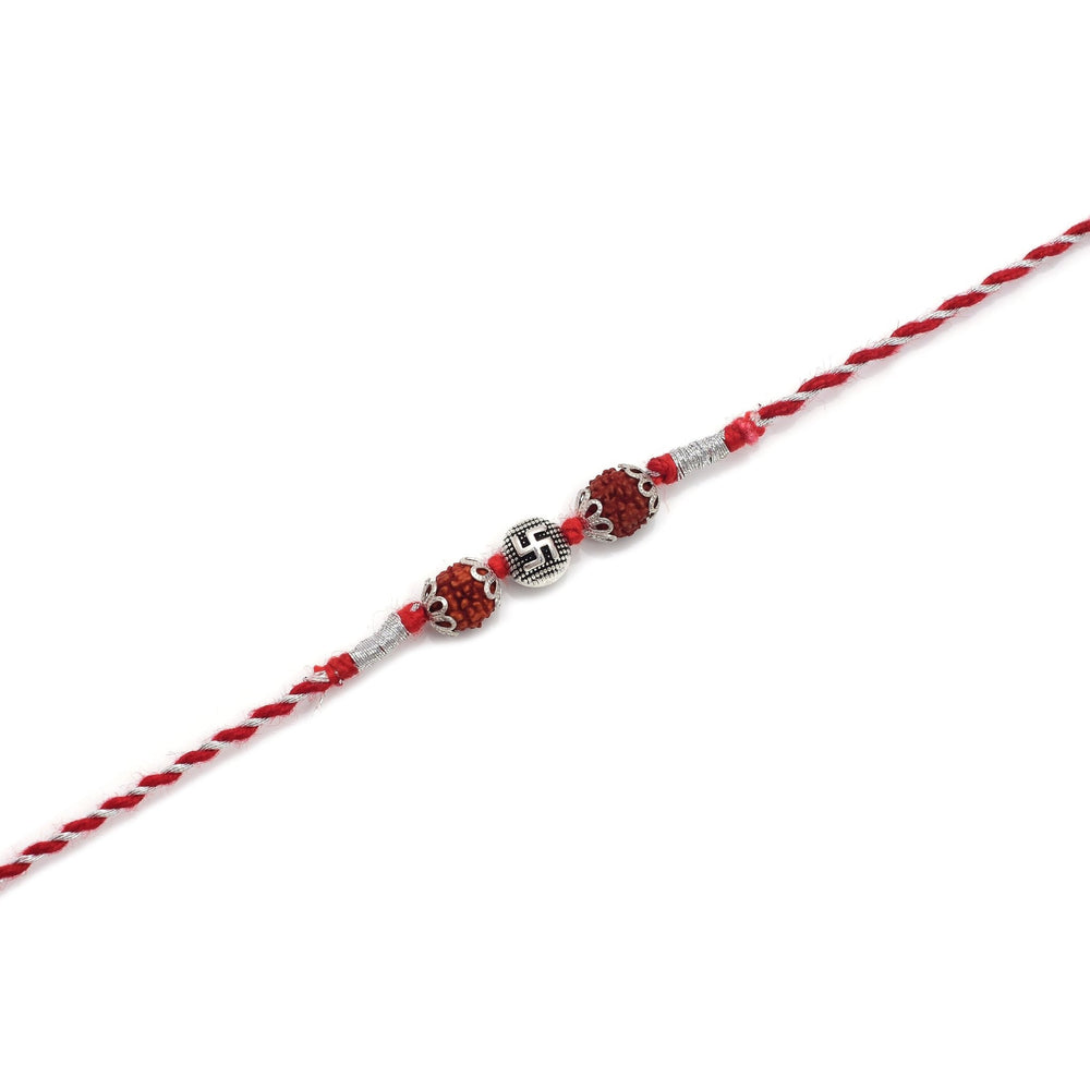Combo of Silver Alloy Rudraksh Swastik Thread Rakhi for Bhaiya Bhabhi Couple Rakhi - Bangles And Bracelets