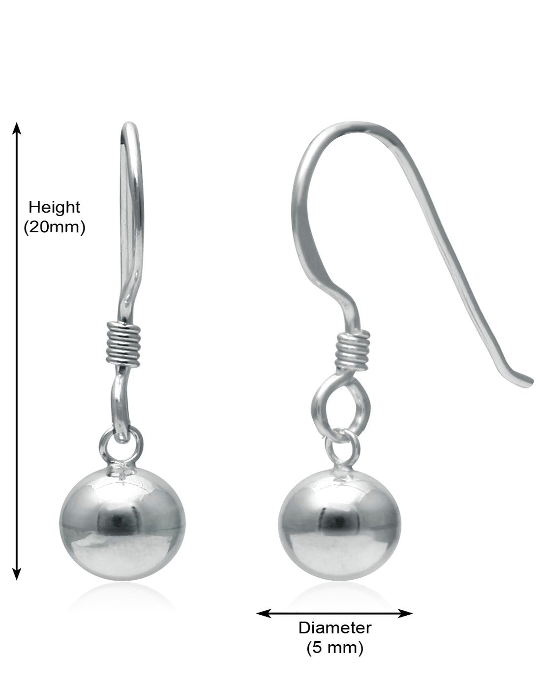 Designer 5 mm Round Ball Earrings in Pure 92.5 Sterling Silver Ear Wire - Danglers