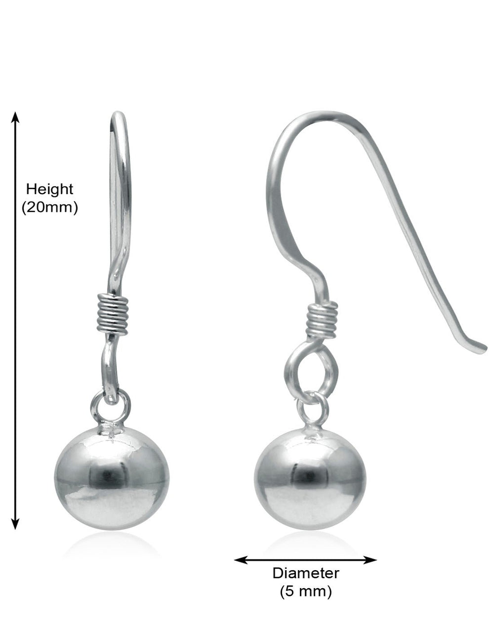 Designer 5 mm Round Ball Earrings in Pure 92.5 Sterling Silver Ear Wire - Danglers