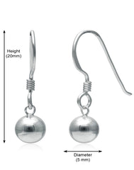 Designer 5 mm Round Ball Earrings in Pure 92.5 Sterling Silver Ear Wire - Danglers