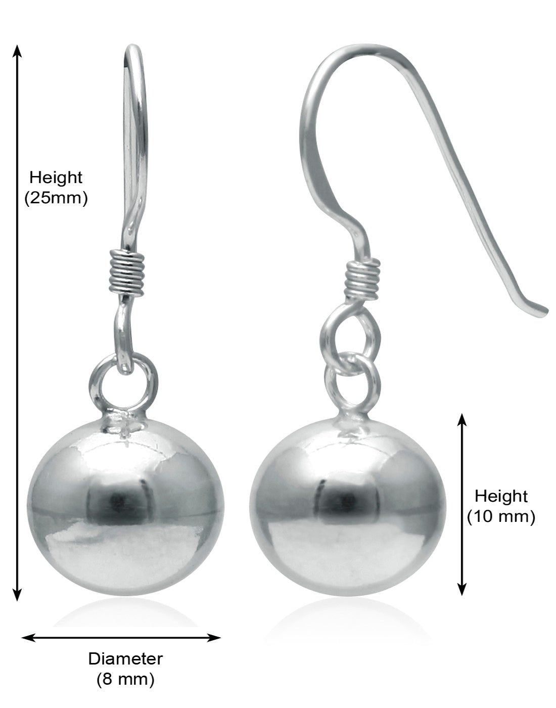 Designer 8 mm Round Ball Earrings in Pure 92.5 Sterling Silver Ear Wire - Danglers