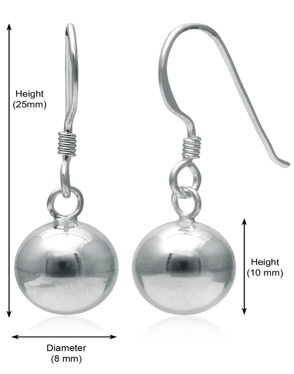 Designer 8 mm Round Ball Earrings in Pure 92.5 Sterling Silver Ear Wire - Danglers