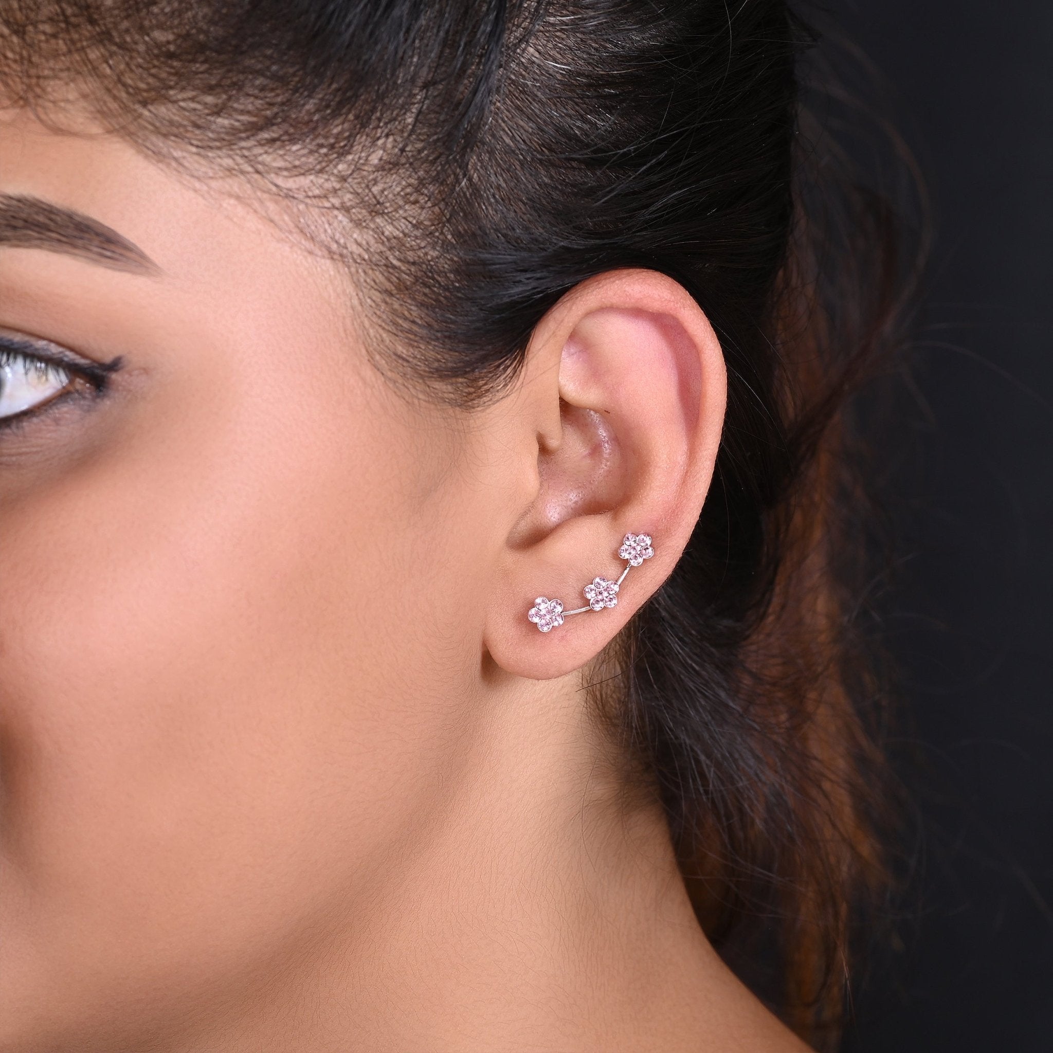 Designer Ear Climbers Crawlers in 92.5 Silver and Pink Cubic Zirconia - Studs