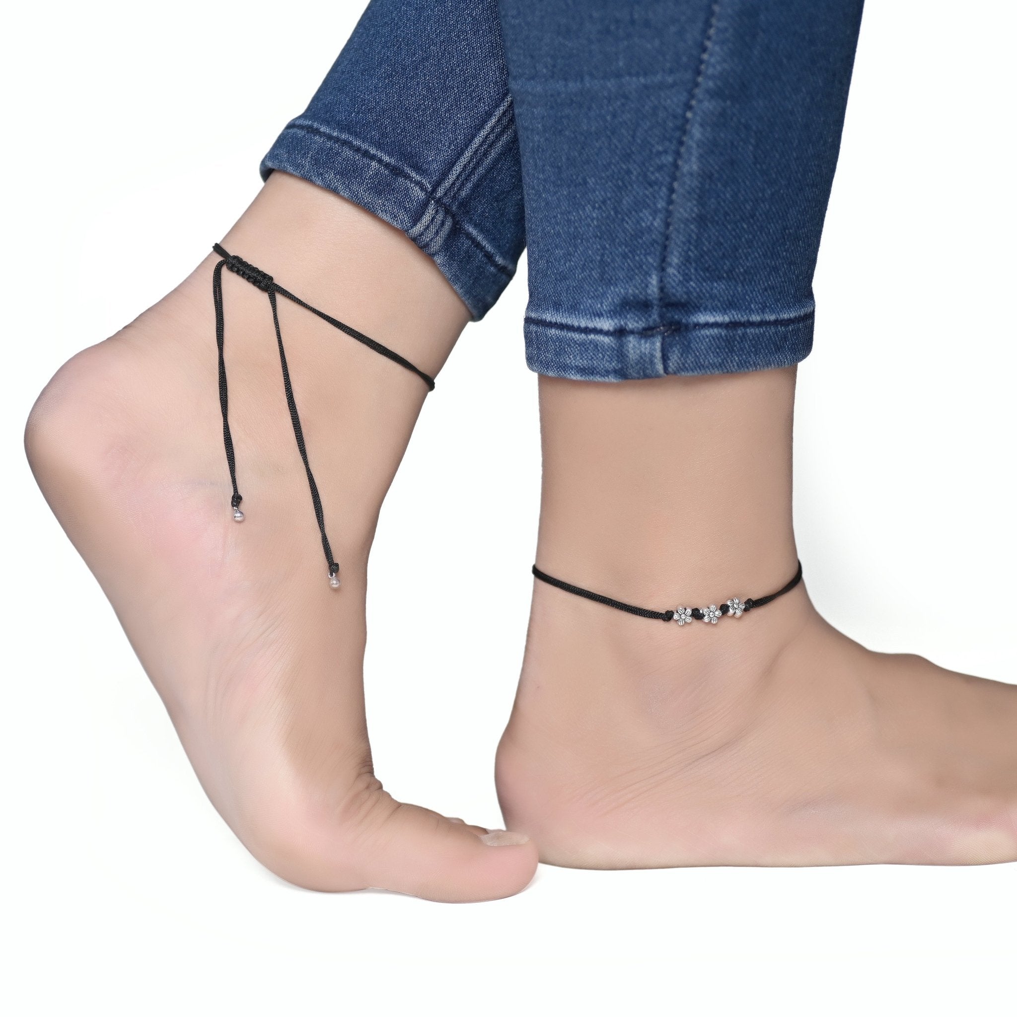 Designer Flower Anklet with Adjustable Black Thread - Anklets
