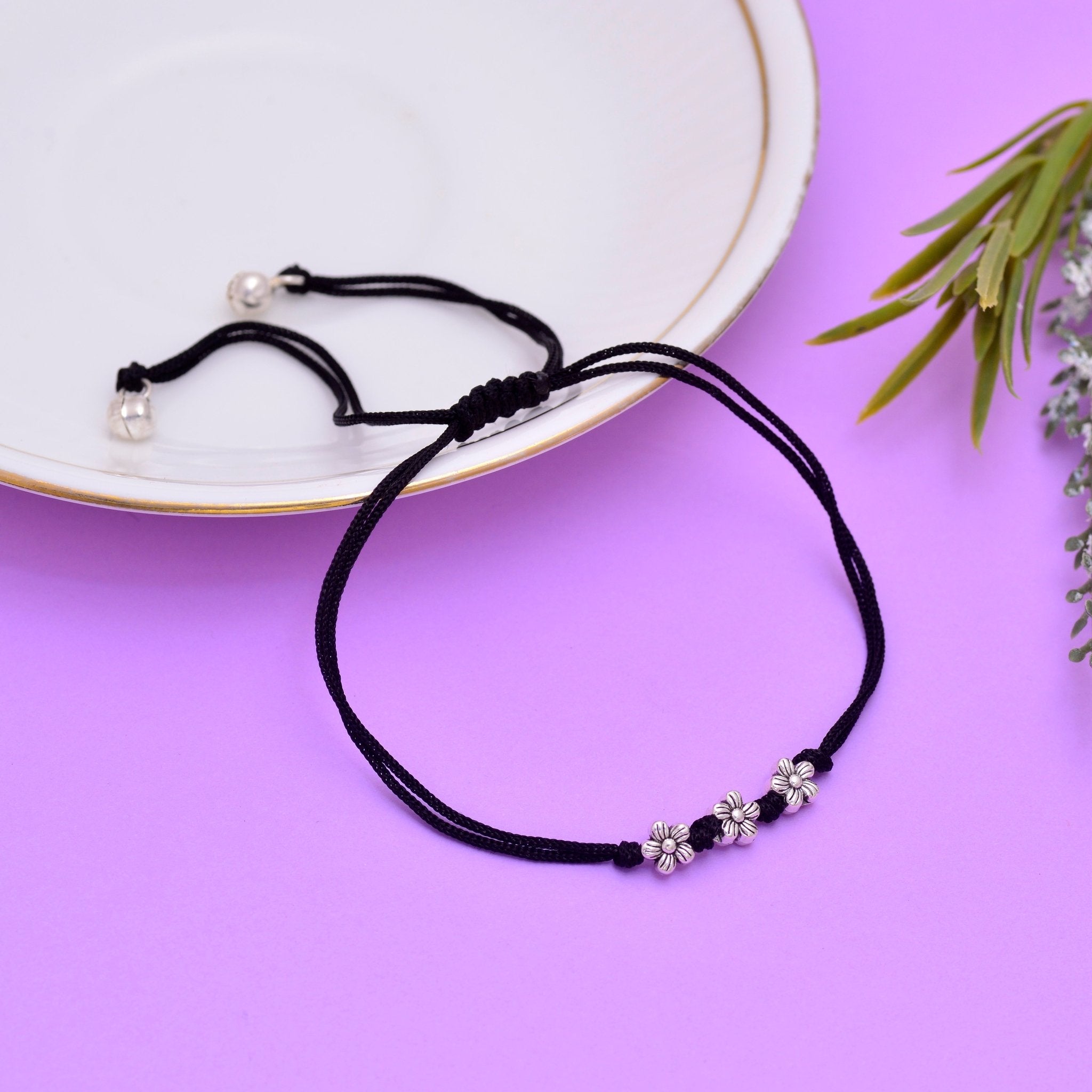 Designer Flower Anklet with Adjustable Black Thread - Anklets