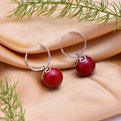 Designer Hanging Earrings with Red Shell Pearl in Hoop in 92.5 Sterling Silver - Danglers