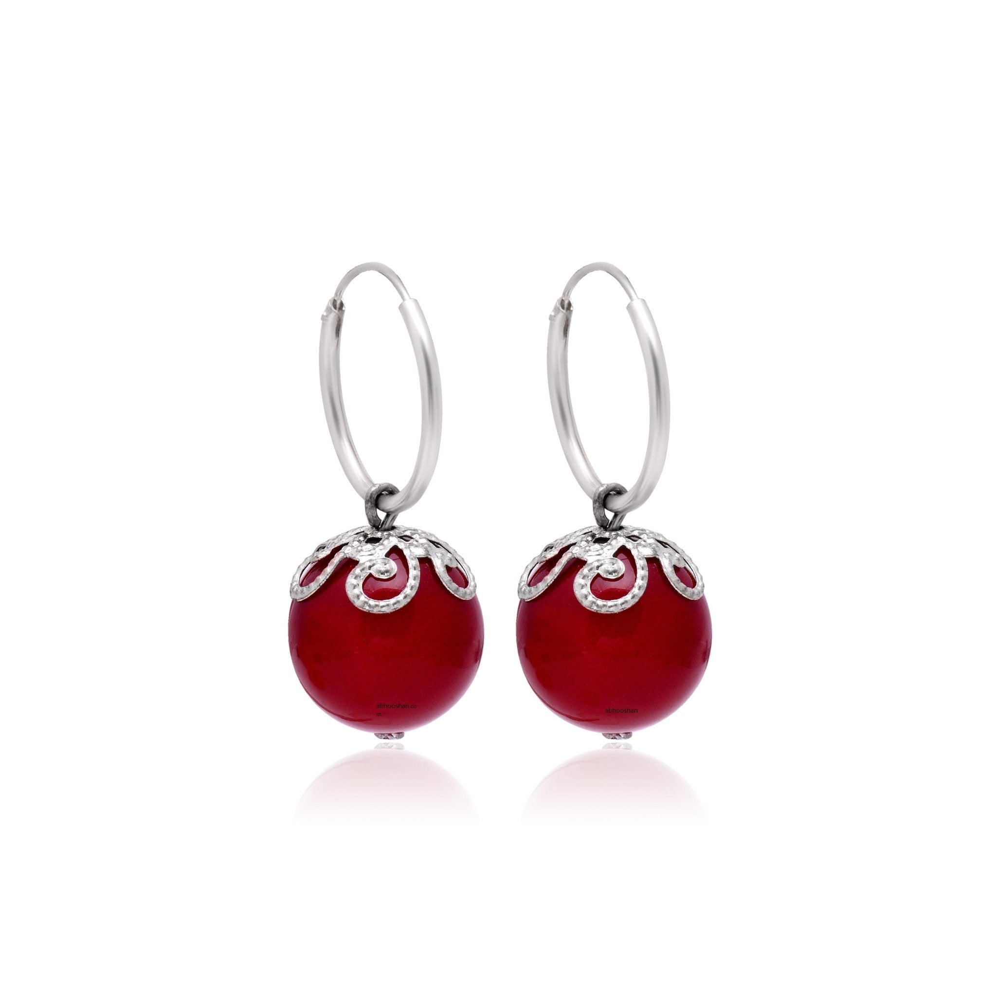 Designer Hanging Earrings with Red Shell Pearl in Hoop in 92.5 Sterling Silver - Danglers