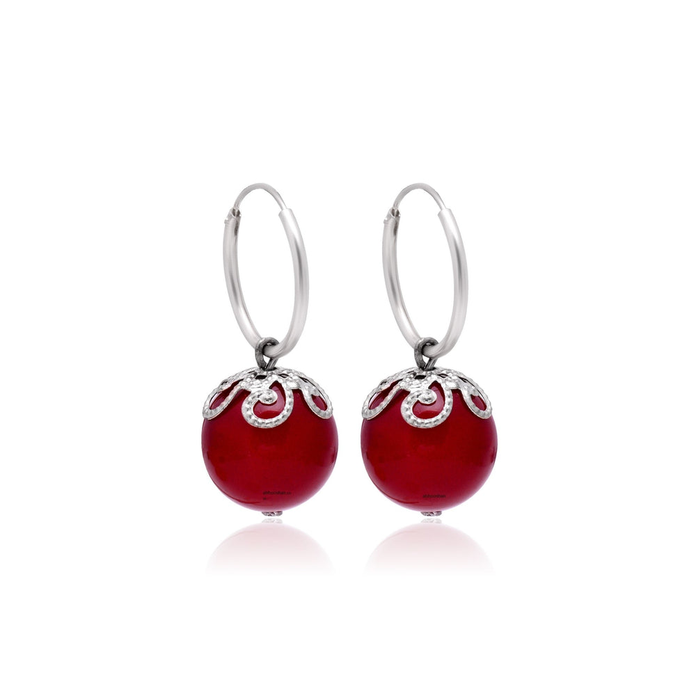Designer Hanging Earrings with Red Shell Pearl in Hoop in 92.5 Sterling Silver - Danglers