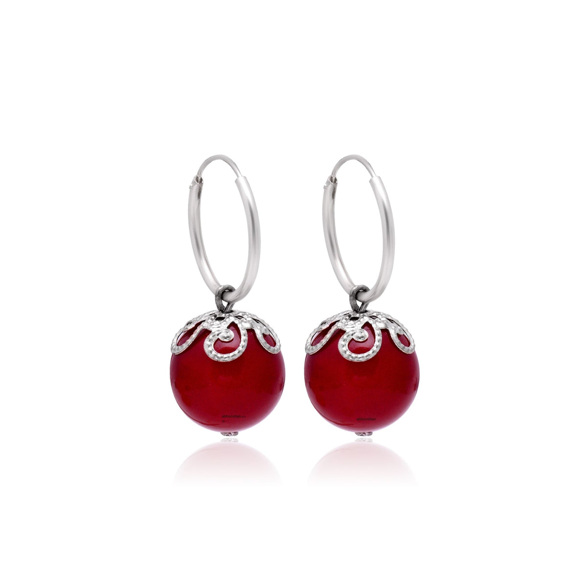 Designer Hanging Earrings with Red Shell Pearl in Hoop in 92.5 Sterling Silver - Danglers