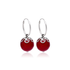 Designer Hanging Earrings with Red Shell Pearl in Hoop in 92.5 Sterling Silver - Danglers