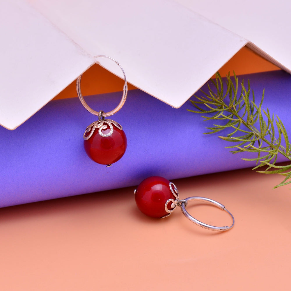 Designer Hanging Earrings with Red Shell Pearl in Hoop in 92.5 Sterling Silver - Danglers