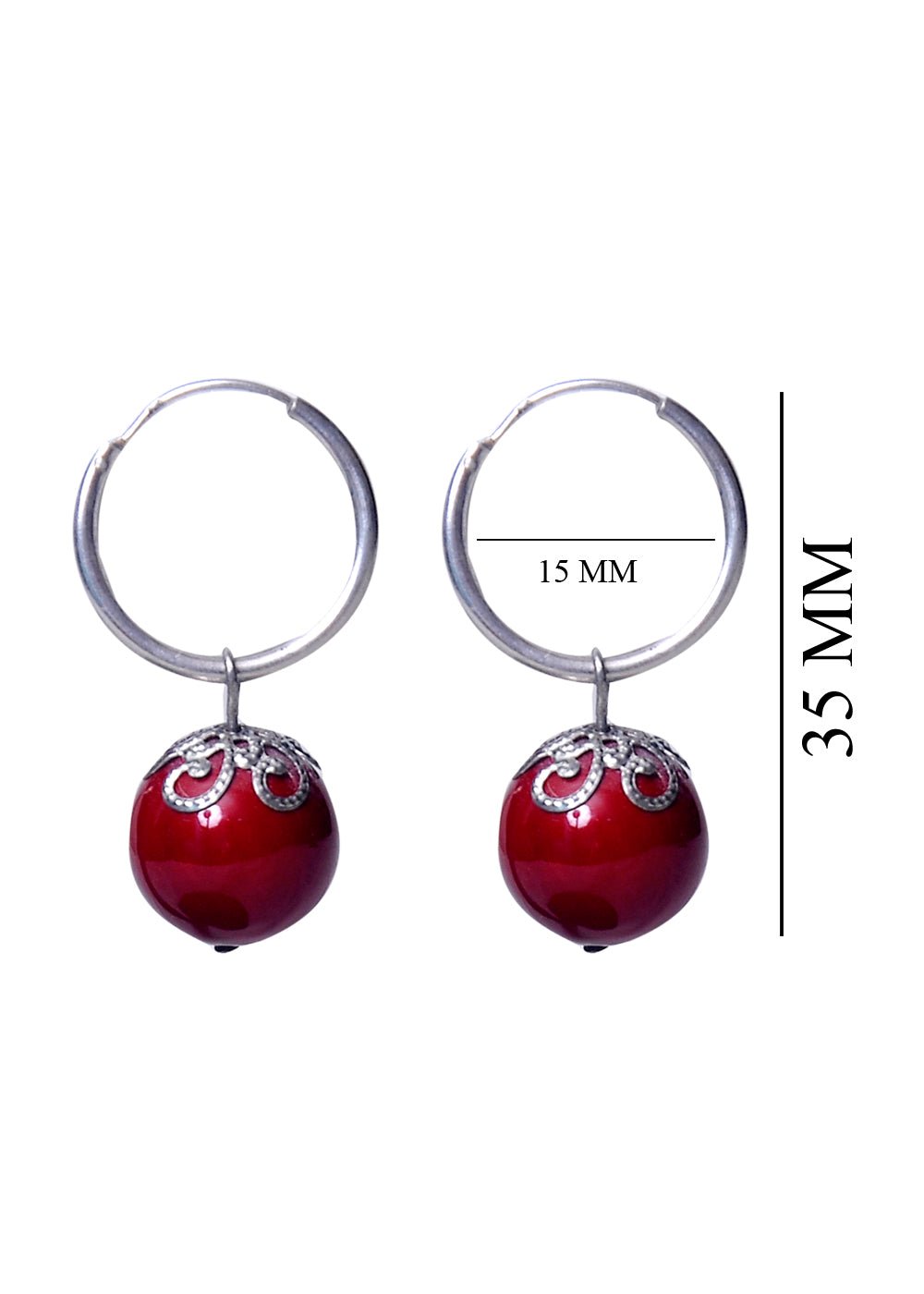 Designer Hanging Earrings with Red Shell Pearl in Hoop in 92.5 Sterling Silver - Danglers