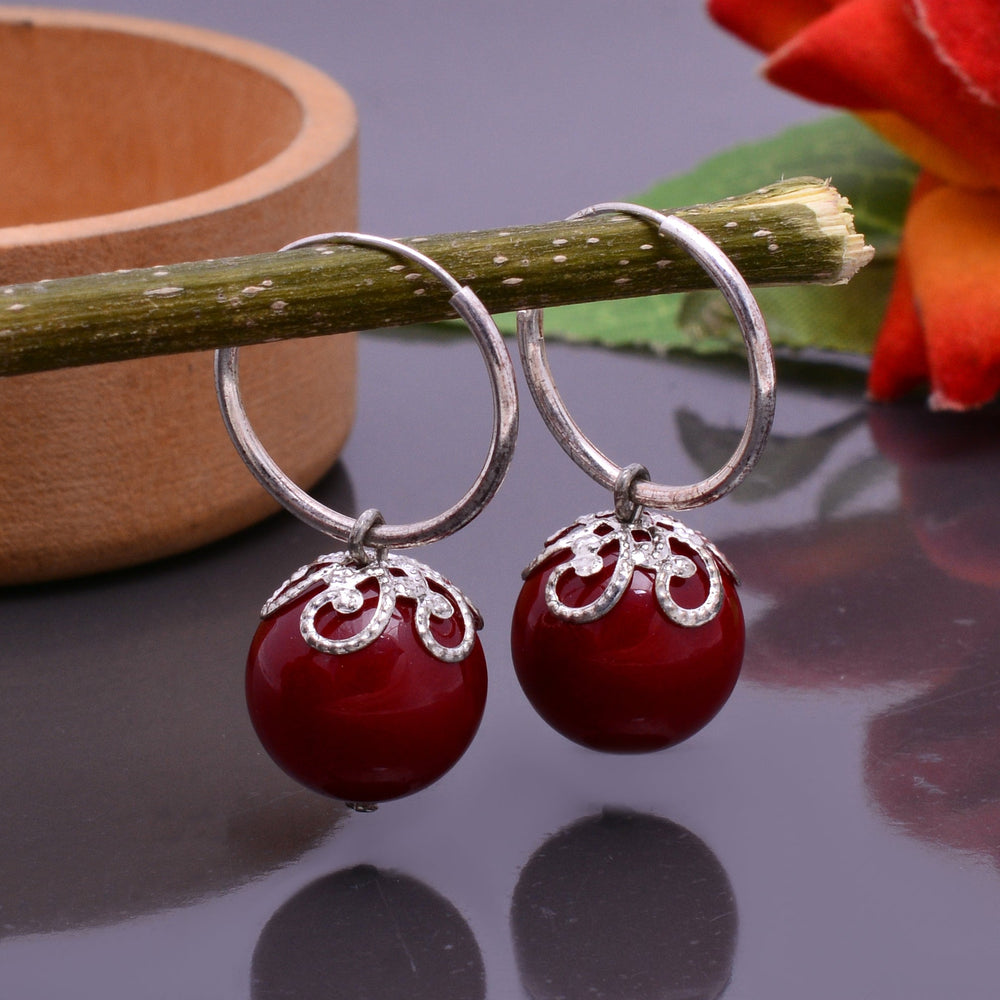 Designer Hanging Earrings with Red Shell Pearl in Hoop in 92.5 Sterling Silver - Danglers