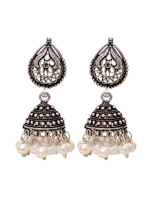 Designer pair of Jhumkis with Pearl with Push Back in Silver Alloy - Jhumkis