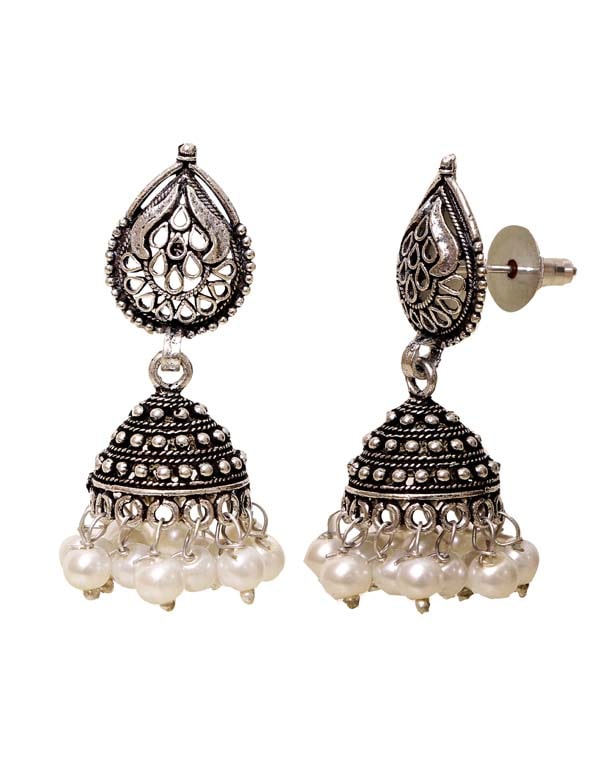 Designer pair of Jhumkis with Pearl with Push Back in Silver Alloy - Jhumkis