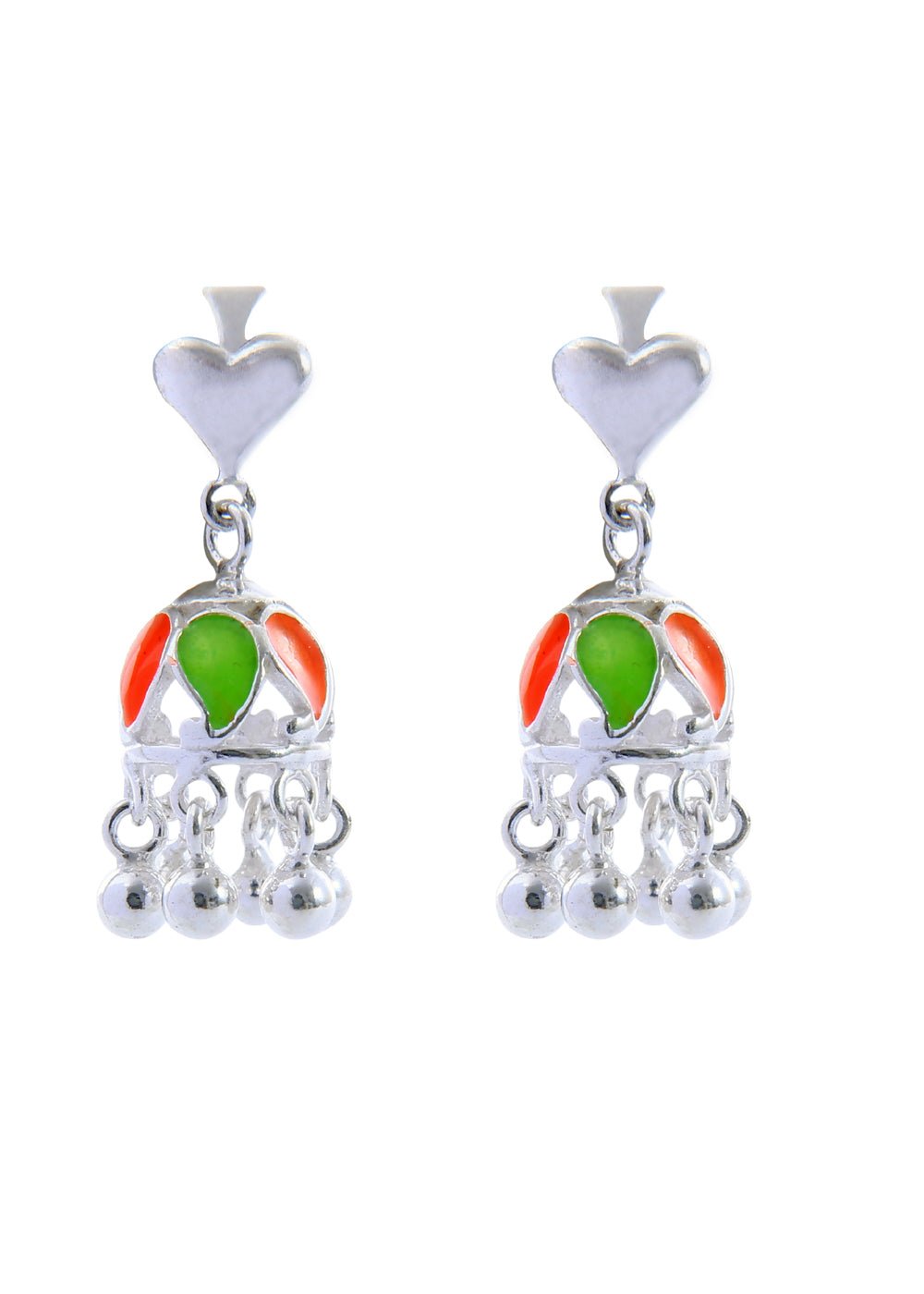 Designer pair of Traditional Indian Jhumkis in Colorful Enamel and 925 Silver - Jhumkis