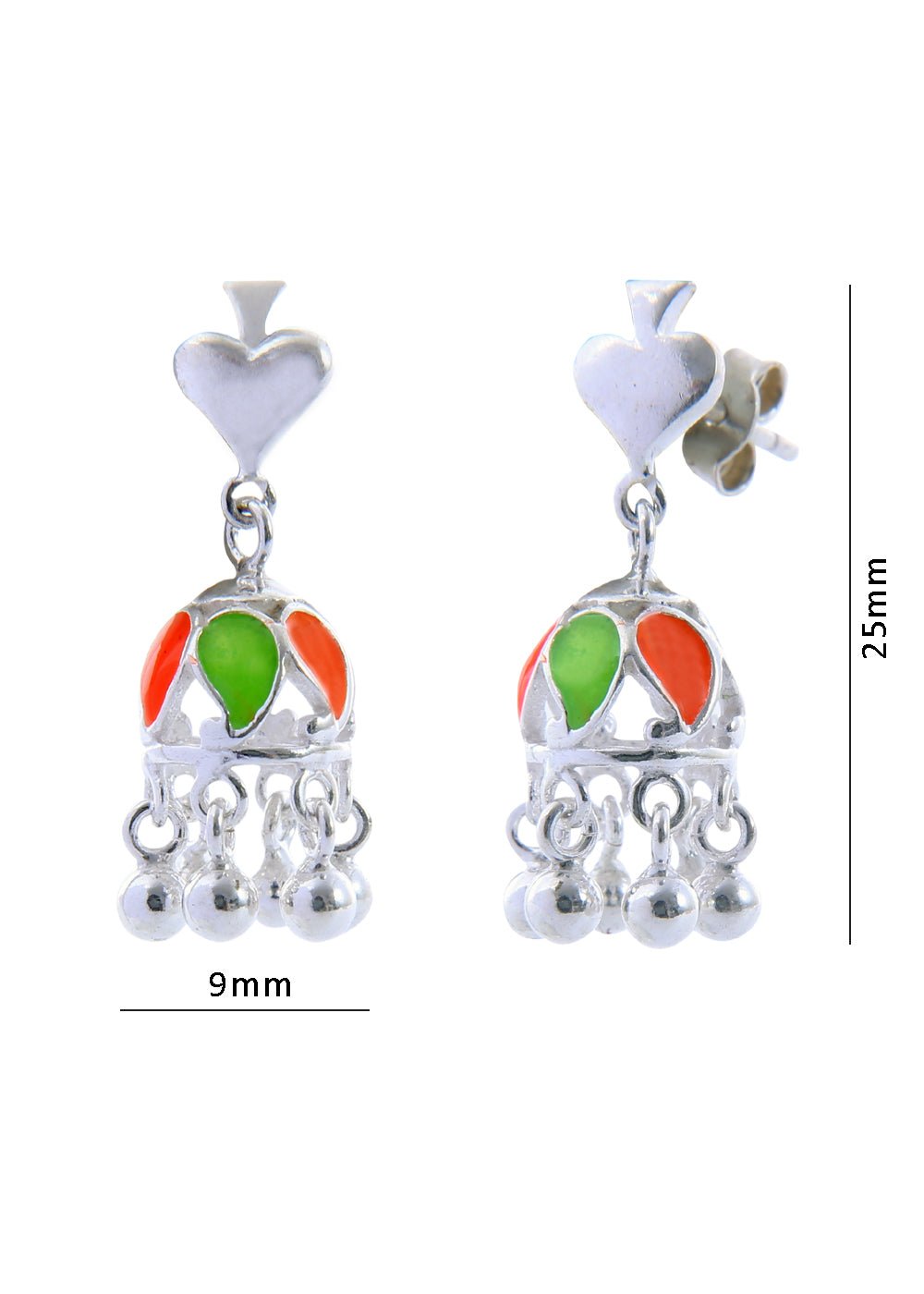Designer pair of Traditional Indian Jhumkis in Colorful Enamel and 925 Silver - Jhumkis
