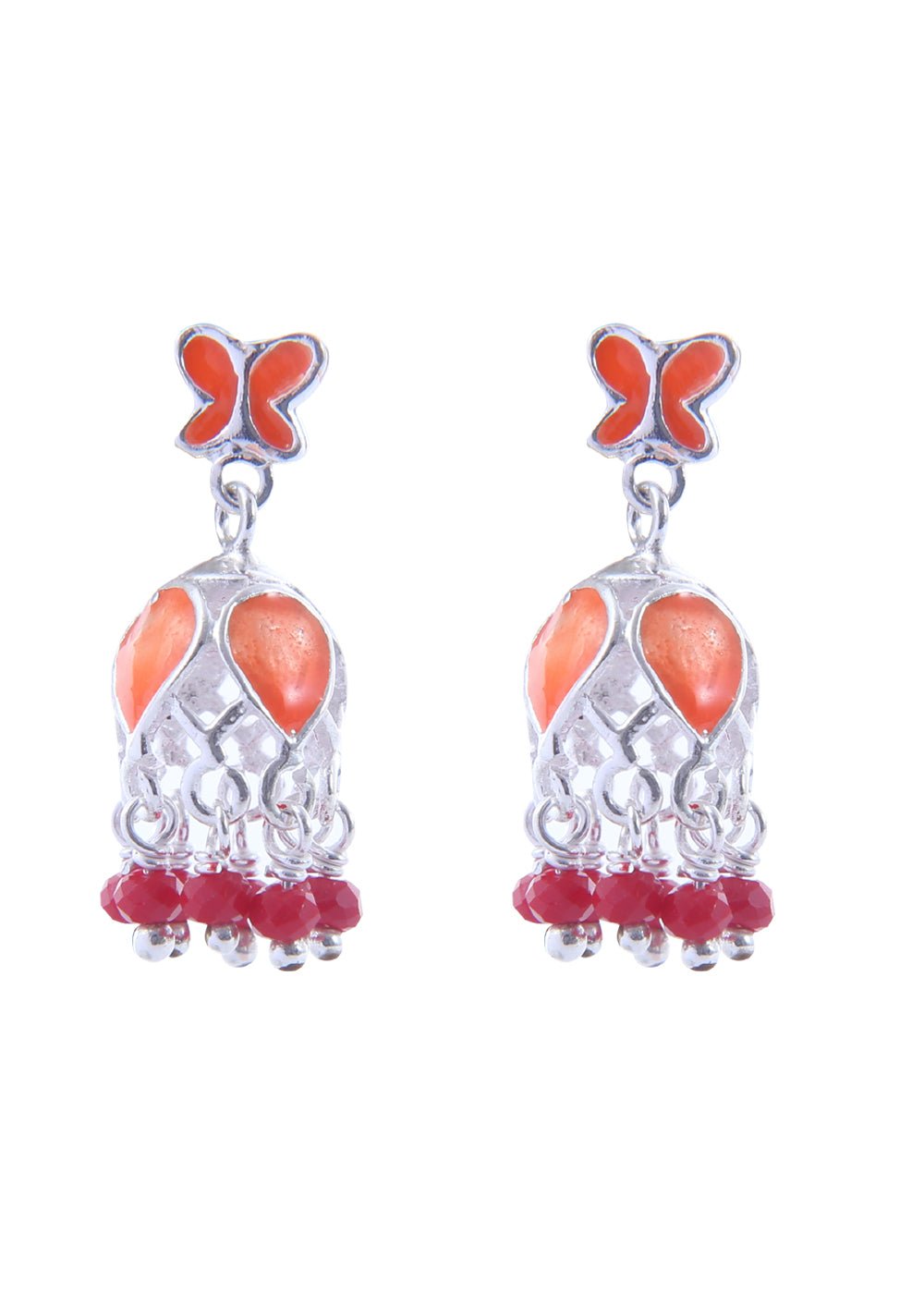 Designer pair of Traditional Indian Jhumkis in Orange Enamel and 925 Silver - Jhumkis