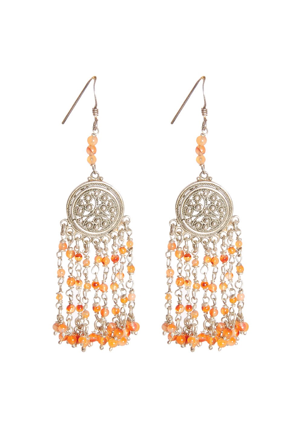 Designer pair of Traditional Indian Jhumkis in Pure 925 Silver with Carnelian beads - Jhumkis