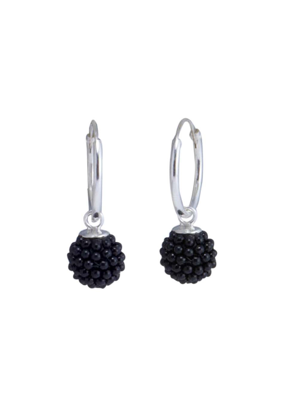 Designer Round Onyx Micro Pearl Ball with 925 Sterling Silver 14 MM hoop - Hoops