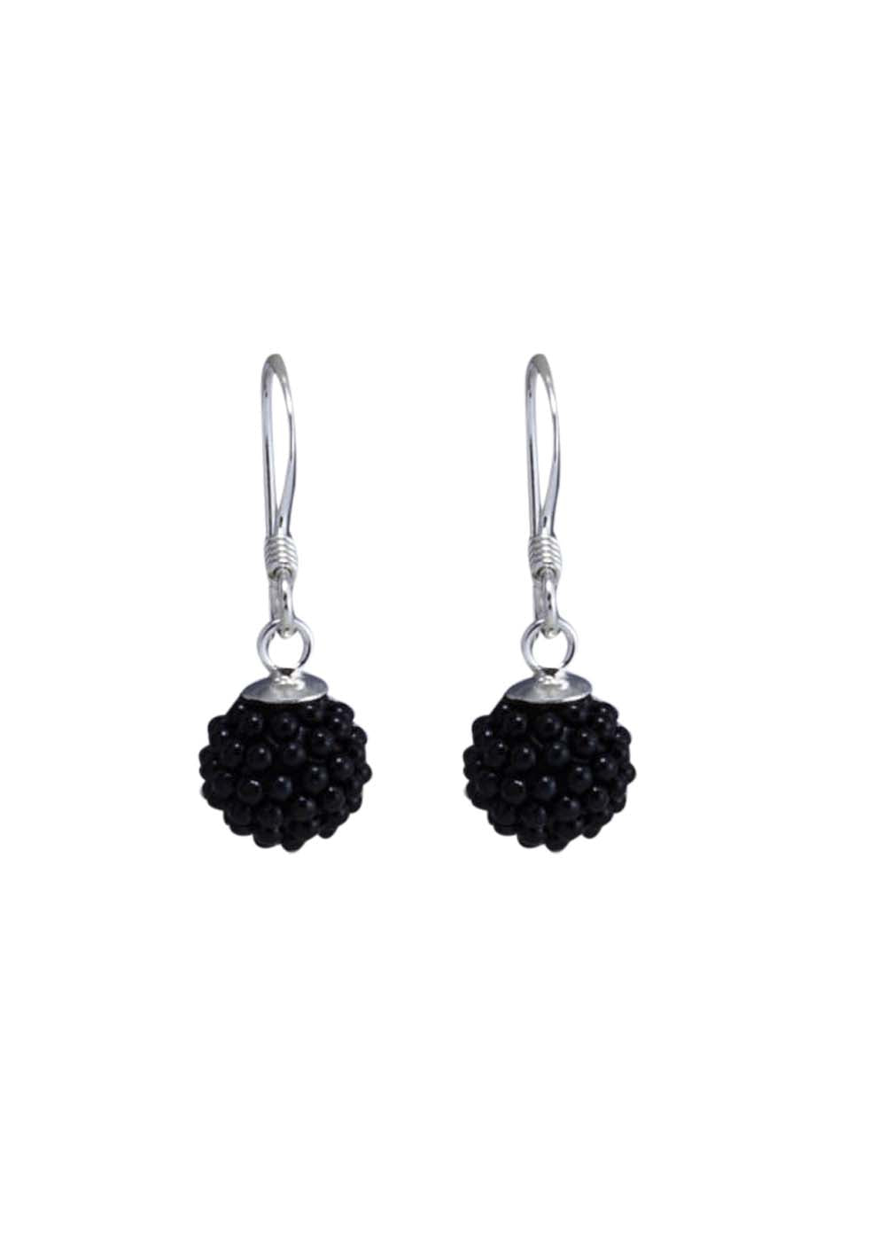 Designer Round Onyx Micro Pearl Ball with 92.5 Sterling Silver Ear Wire - Danglers