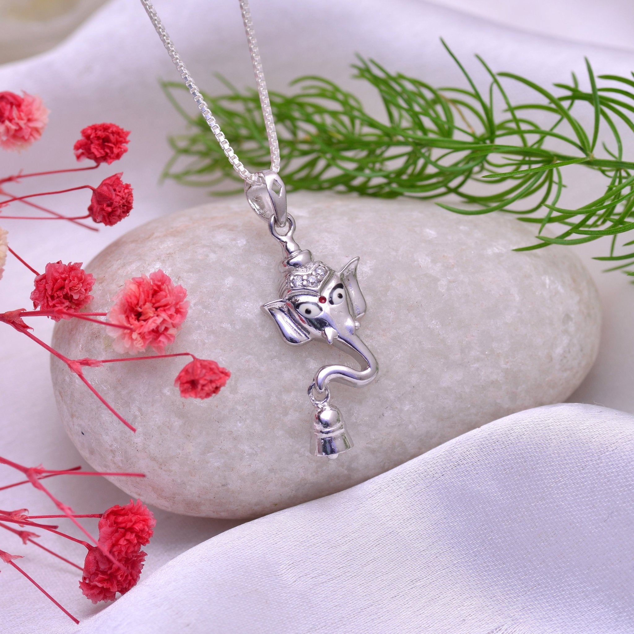Ganesha with Temple Bell 92.5 Sterling Silver Unisex Pendant with Cz Stones - Pendants