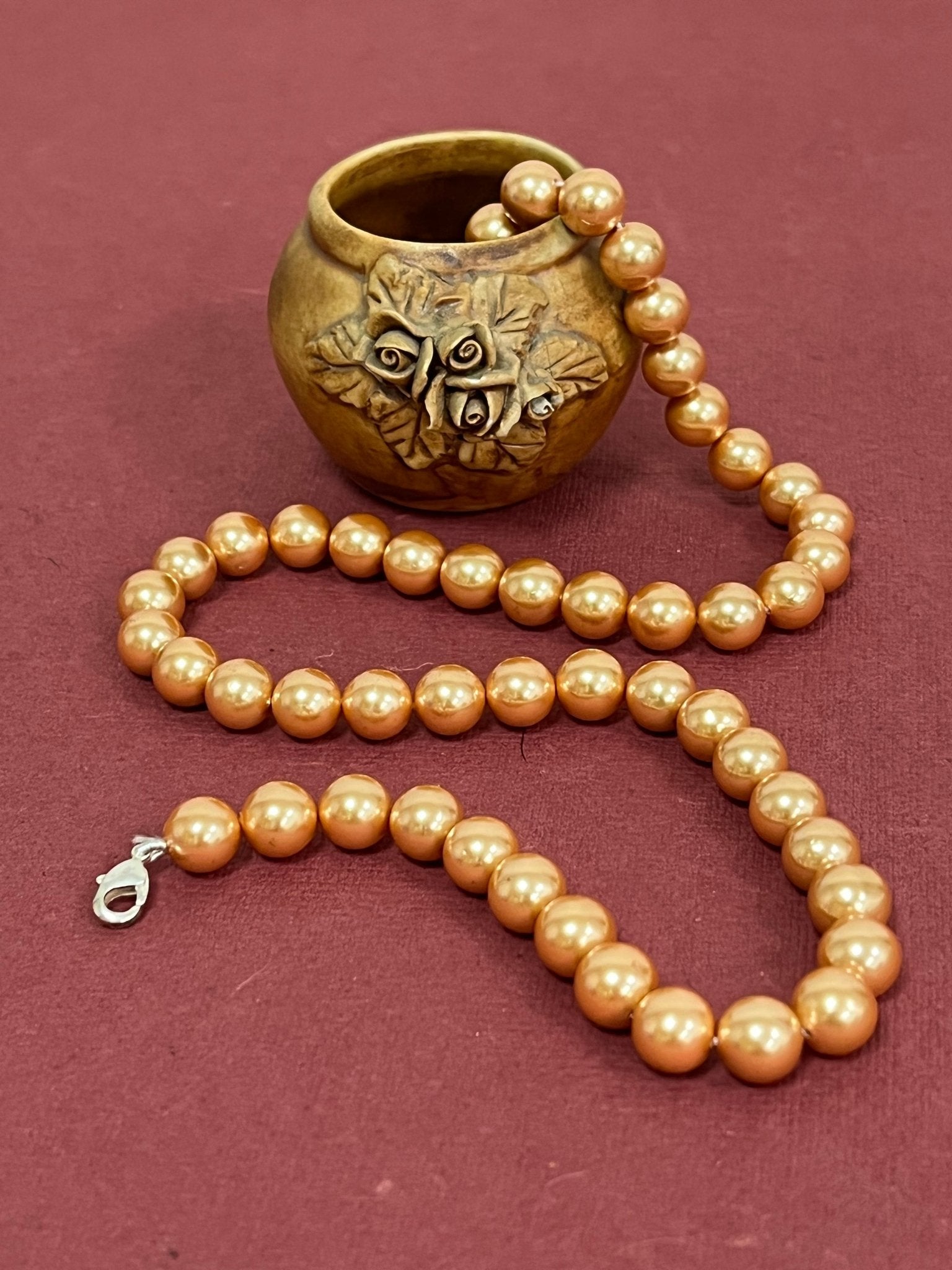 Handmade 8 mm Simulated Golden Pink Colour Pearl Adjustable Mala Single Strand - Necklace