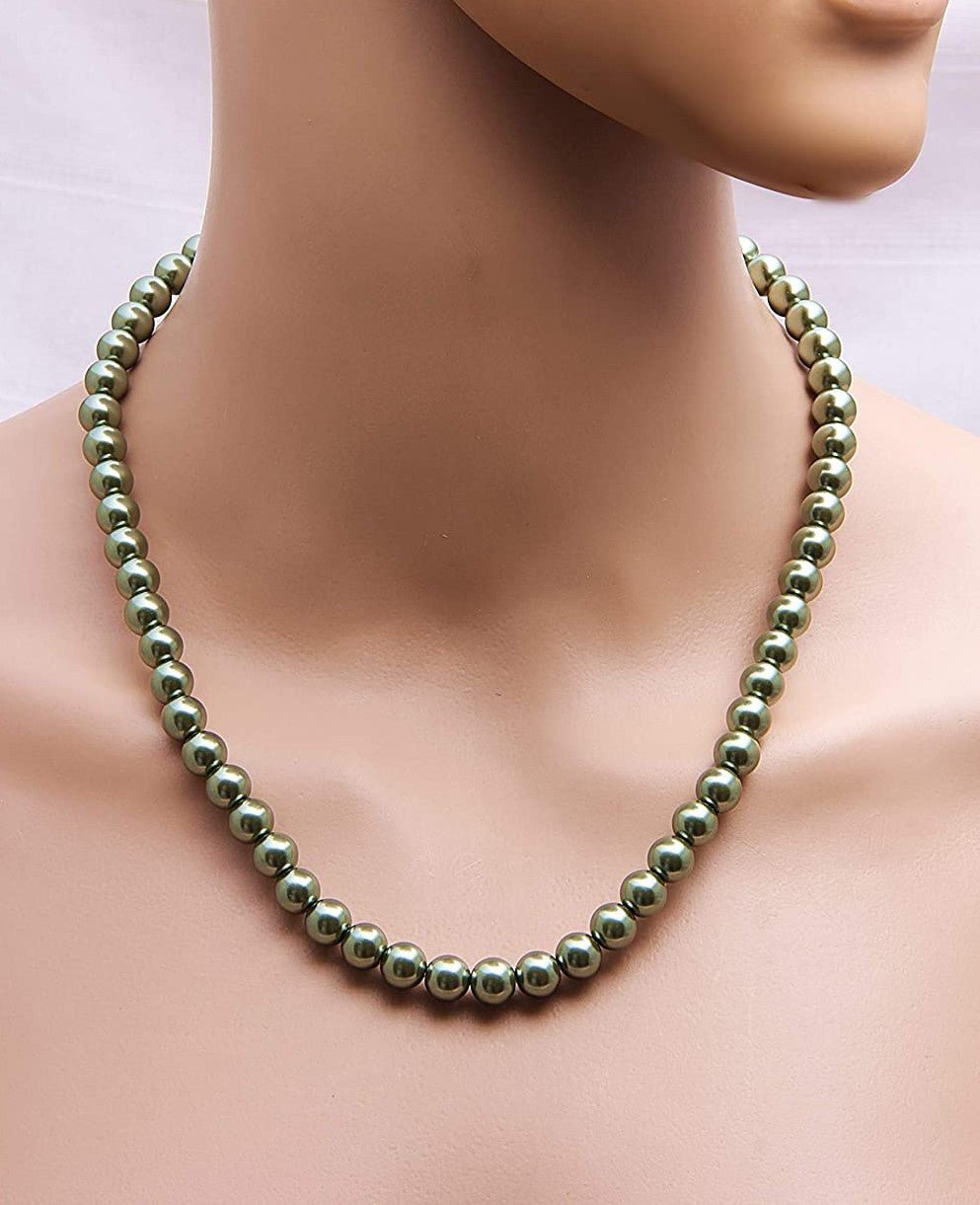 Handmade 8 mm Simulated Olive Green Pearl Adjustable Mala Single Strand - Necklace