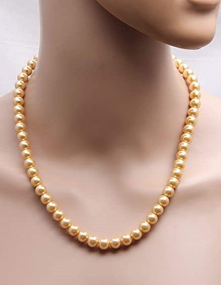Handmade 8 mm Simulated Pearl Golden Yellow Adjustable Mala Single Strand - Necklace